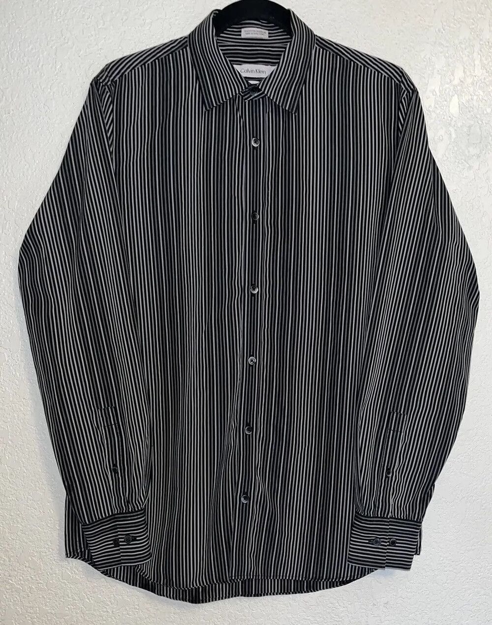 Calvin Klein Dress Shirt Men Sz Med Striped Button Up Modern Fit Gray